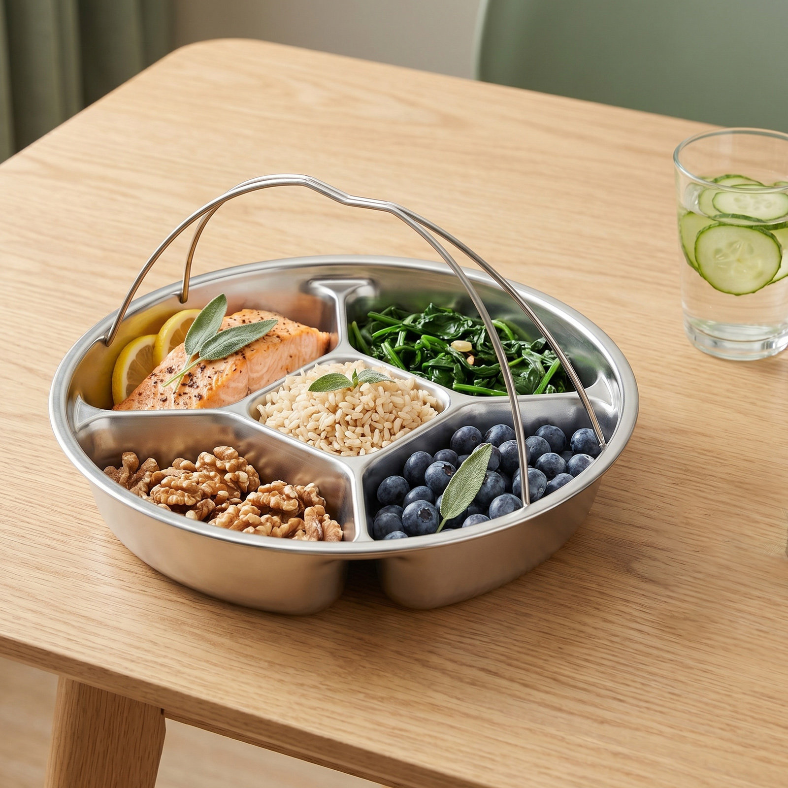 ถาดเสิร์ฟสแตนเลสแบบแบ่งช่อง 5  - Healthy Snacks Food บทวิจารณ์และราคา